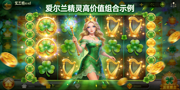 爱尔兰精灵游戏高价值组合示例图 - 屏幕上布满精灵女王与百搭符号