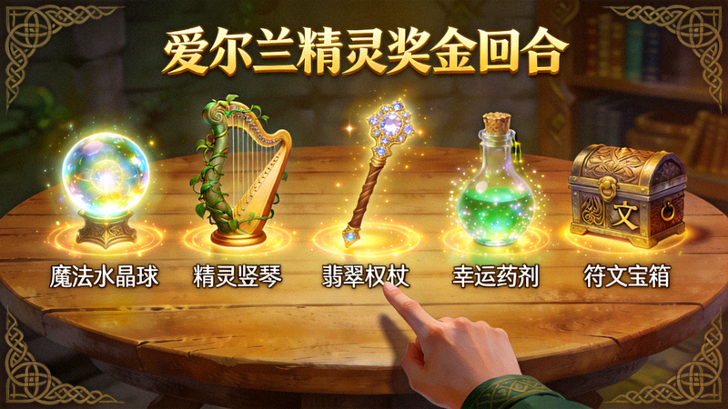 爱尔兰精灵游戏奖金回合选择界面，玩家从多个魔法物品中选择以揭示奖励