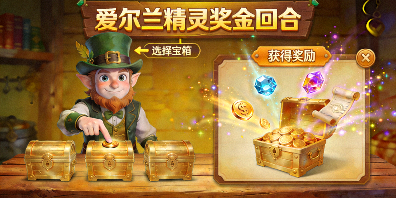 爱尔兰精灵游戏奖金回合画面，展示玩家选择宝箱和获得奖励的过程